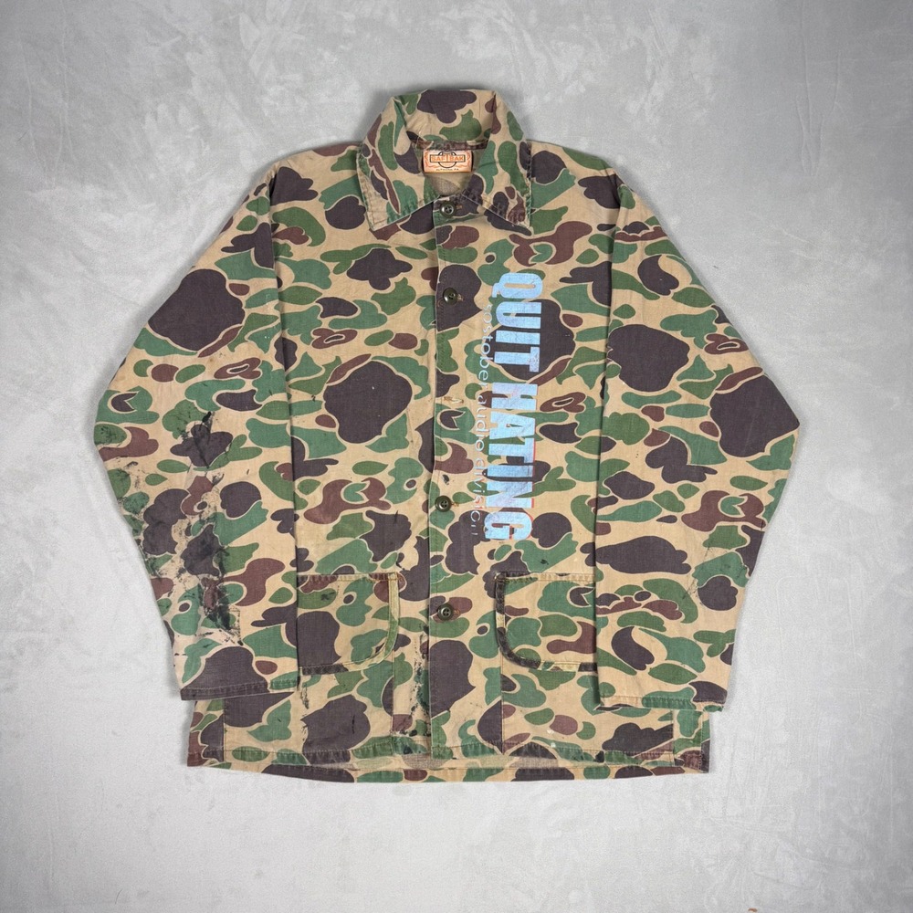 90s Mens Saftbak Frog Skin Camo Quit Hating Graphic Hunting Jacket Large